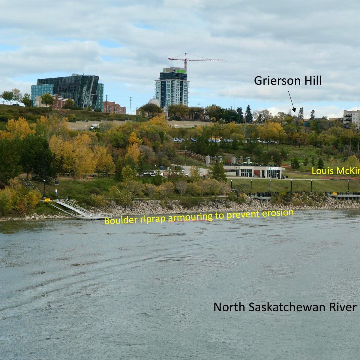 Did you know … that the toe of the Grierson Hill Slide that first failed in 1901 along the North Saskatchewan River in Edmonton AB is now armoured with boulder rip-rap to prevent further erosion and bank undercutting. The landslide area is largely used for recreation at Louise