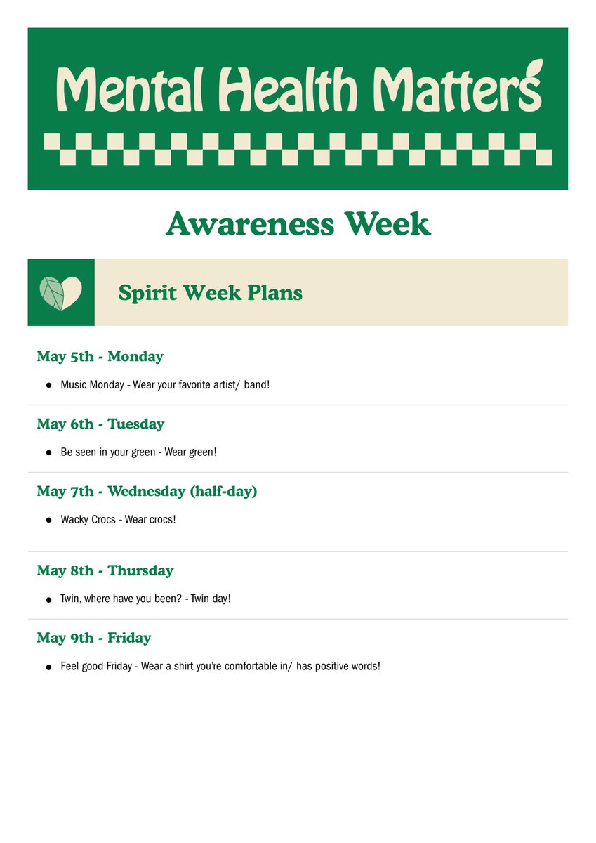 Next week we will be recognizing Mental Health Awareness with a spirit week. See the flyer for daily themes. #MentalHealthMatters #MentalHealthAwareness #Smallwoodstrong