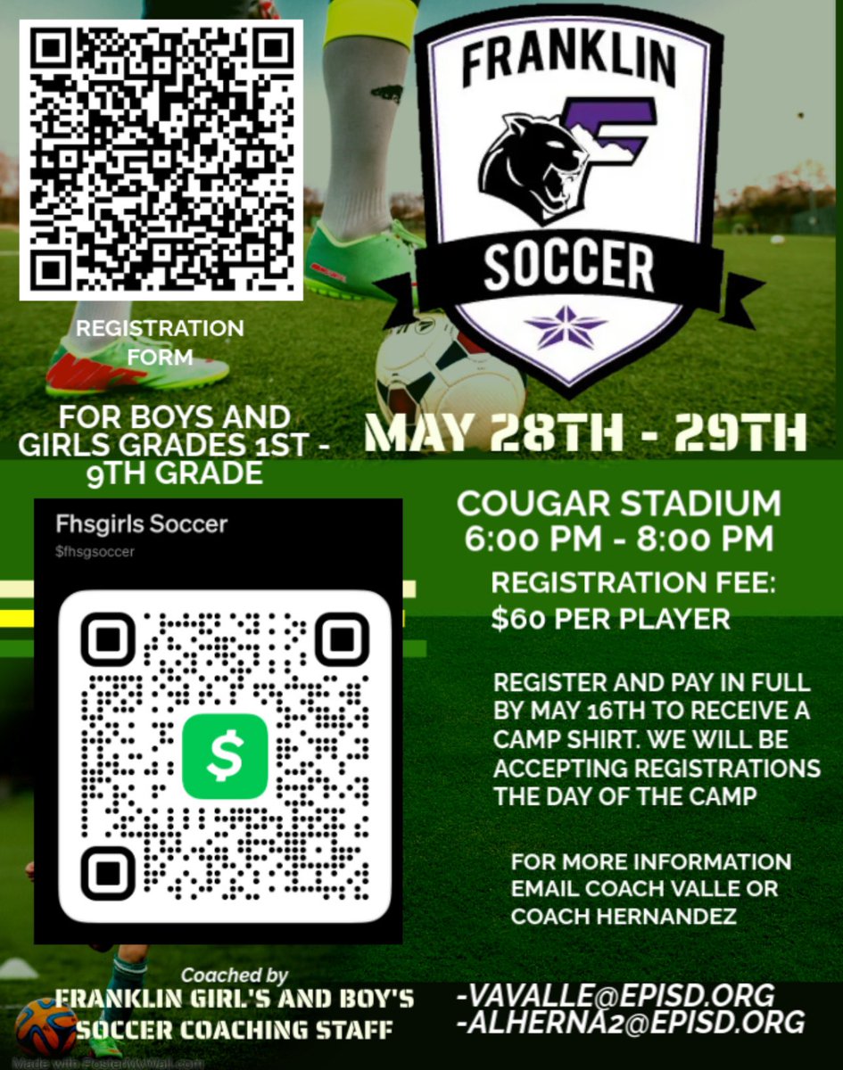 Franklin Boys Soccer (@franklin_boys) on Twitter photo Come join us this summer as we host our 4th annual summer camp here at Franklin! This year we will be hosting 1st - 9th graders! Register and pay before May16 to get a camp shirt!! Don’t be left out!!
<a href="/TXFHSCougars/">Franklin High School</a> <a href="/HornedoMS/">Hornedo Tornados</a> <a href="/bulldogsbms1/">Brown Middle School</a> <a href="/girlsoccerfhs/">Franklin High School Girl’s Soccer⚽️</a> Come join us this summer as we host our 4th annual summer camp here at Franklin! This year we will be hosting 1st - 9th graders! Register and pay before May16 to get a camp shirt!! Don’t be left out!!
<a href="/TXFHSCougars/">Franklin High School</a> <a href="/HornedoMS/">Hornedo Tornados</a> <a href="/bulldogsbms1/">Brown Middle School</a> <a href="/girlsoccerfhs/">Franklin High School Girl’s Soccer⚽️</a>