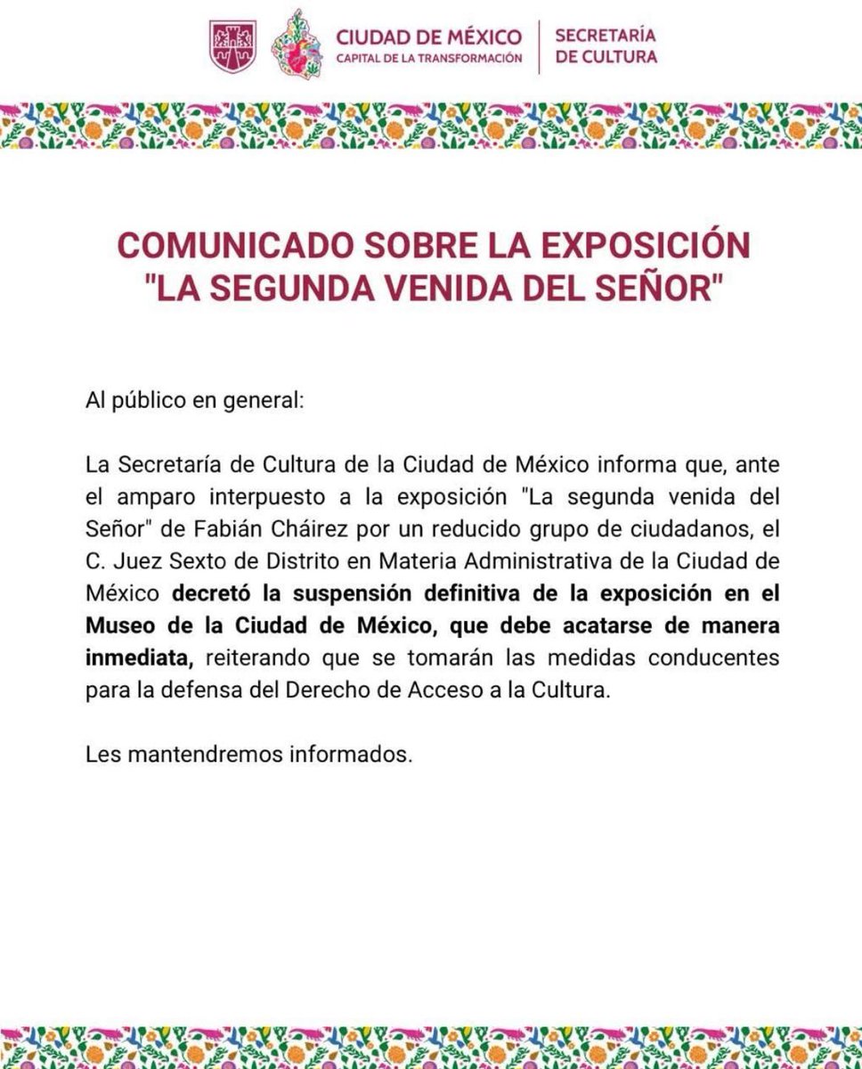 ¡Victoria para la libertad religiosa!
Juez ordenó la suspensión definitiva de la exposición “La segunda venida del señor”.
La Secretaría de Cultura deberá retirarla de inmediato.
La fe se defiende.