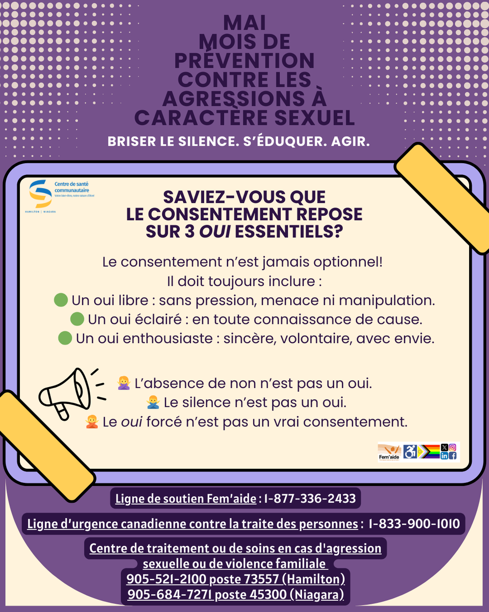 Centre de santé communautaire Hamilton/Niagara (@cschniagara) on Twitter photo Le consentement n’est jamais optionnel et repose
sur 3 “oui” essentiels
Il doit toujours inclure :
🟢 Un oui libre : sans pression, menace ni manipulation.
🟢 Un oui éclairé : en toute connaissance de cause.
🟢 Un oui enthousiaste : sincère, volontaire, avec envie.
<a href="/AOcVFOntario/">Action ontarienne 🚺</a> Le consentement n’est jamais optionnel et repose
sur 3 “oui” essentiels
Il doit toujours inclure :
🟢 Un oui libre : sans pression, menace ni manipulation.
🟢 Un oui éclairé : en toute connaissance de cause.
🟢 Un oui enthousiaste : sincère, volontaire, avec envie.
<a href="/AOcVFOntario/">Action ontarienne 🚺</a>