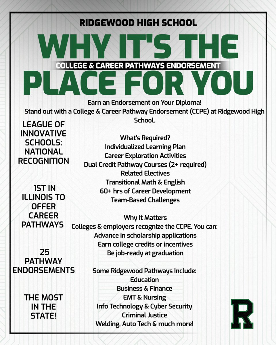RHSRebelPride's tweet photo. Stand out with a College &amp; Career Pathway Endorsement from Ridgewood High School! 

Earn credits, explore careers, and graduate job-ready with one of Illinois' top programs in the state. 

#FutureReady #RidgewoodHS #CCPE https://t.co/KL5tCJvIux