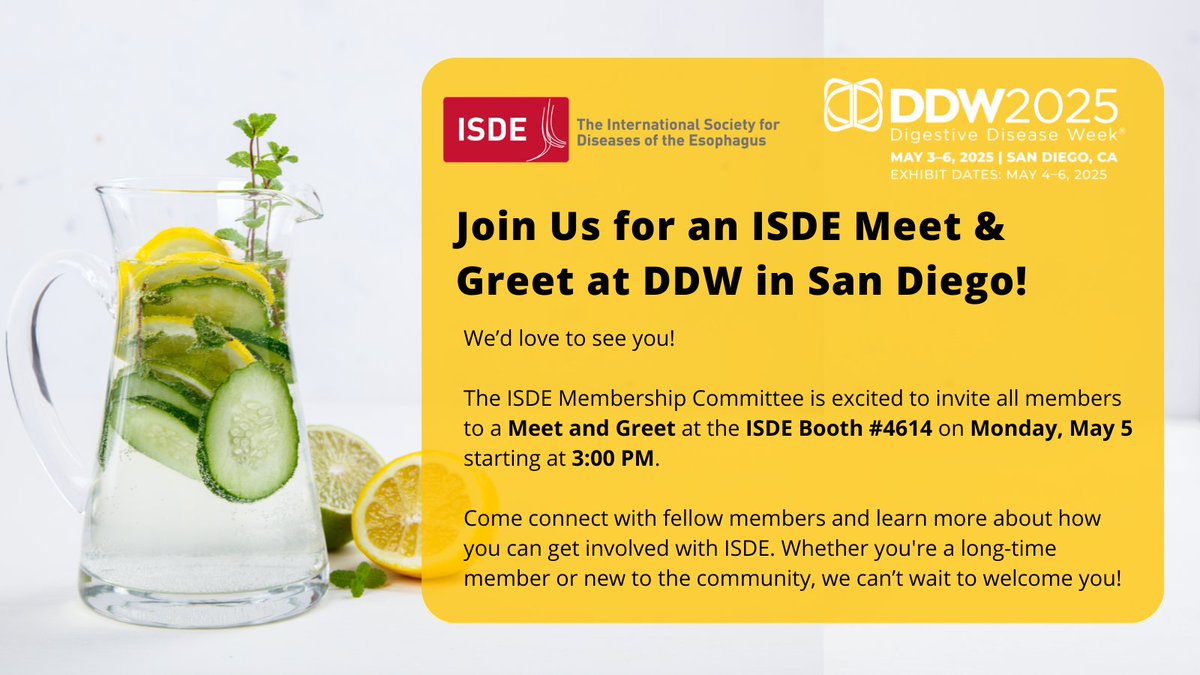 ISDE.net (@isde_net) on Twitter photo 🚨 Heading to <a href="/DDWMeeting/">Digestive Disease Week</a> in San Diego?
Join the ISDE Membership Committee for a Meet & Greet!
📍Booth #4614
🗓️Monday, May 5 | ⏰ 3:00 PM
Network, connect, and get involved with ISDE! See you there! 🌟#ISDE #DDW25 #Esophagus <a href="/Daniela_Molena/">Daniela</a> <a href="/LFerri123/">Lorenzo Ferri MD PhD</a> <a href="/EsophagusDoc/">Dan Patel, MD</a> 🚨 Heading to <a href="/DDWMeeting/">Digestive Disease Week</a> in San Diego?
Join the ISDE Membership Committee for a Meet & Greet!
📍Booth #4614
🗓️Monday, May 5 | ⏰ 3:00 PM
Network, connect, and get involved with ISDE! See you there! 🌟#ISDE #DDW25 #Esophagus <a href="/Daniela_Molena/">Daniela</a> <a href="/LFerri123/">Lorenzo Ferri MD PhD</a> <a href="/EsophagusDoc/">Dan Patel, MD</a>