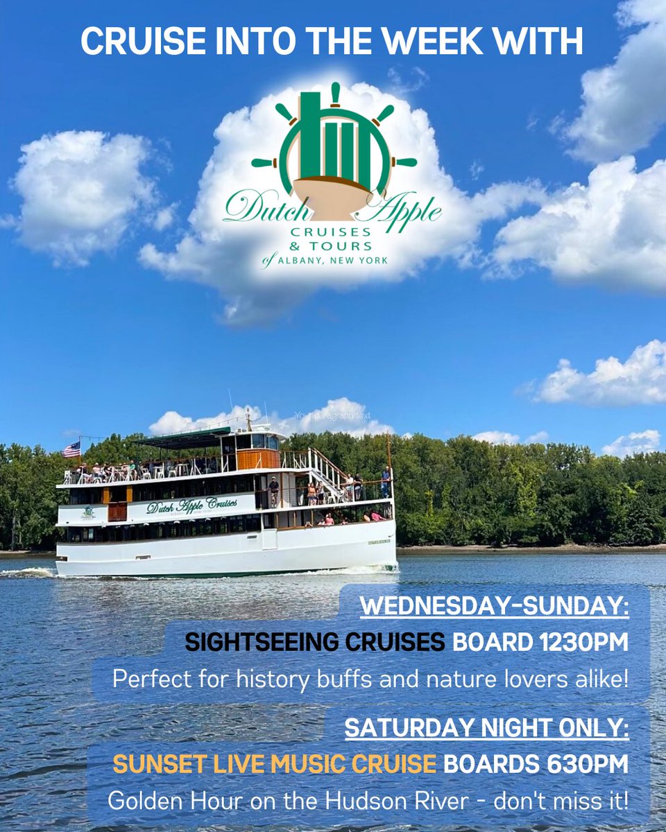 Cruise into the Week with Dutch Apple Cruises! Join us on the Hudson for unforgettable views and relaxing vibes. 
Space is limited – grab your tickets now at dutchapplecruises.com!
#DutchAppleCruises #AlbanysRiverBoat #HudsonRiver #AlbanyNY #UpstateNYAdventures #WeekendPlans