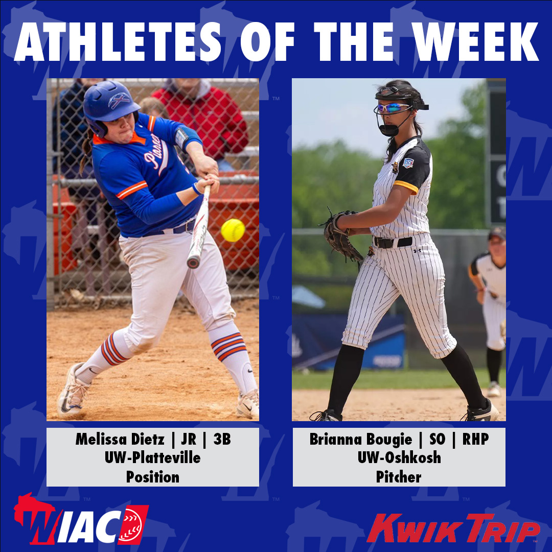 #WIACSB | <a href="/uwp_pioneers/">UW-Platteville Athletics</a> Dietz and <a href="/UWOshkoshTitans/">UW-Oshkosh Athletics</a> Bougie Selected Kwik Trip Athletes of the Week: bit.ly/3ELadxN

#ExcellenceInAction
#d3sb