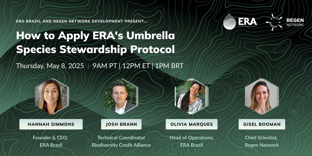🔍 Dive deeper into the Umbrella Species Stewardship Protocol

Hosted by <a href="/regen_network/">Regen Network</a> and <a href="/ERABrazil/">ERA Brazil</a>, this second webinar in our three-part series explores how the USS Protocol can be applied across projects and regions—and the critical role of technology in scaling and