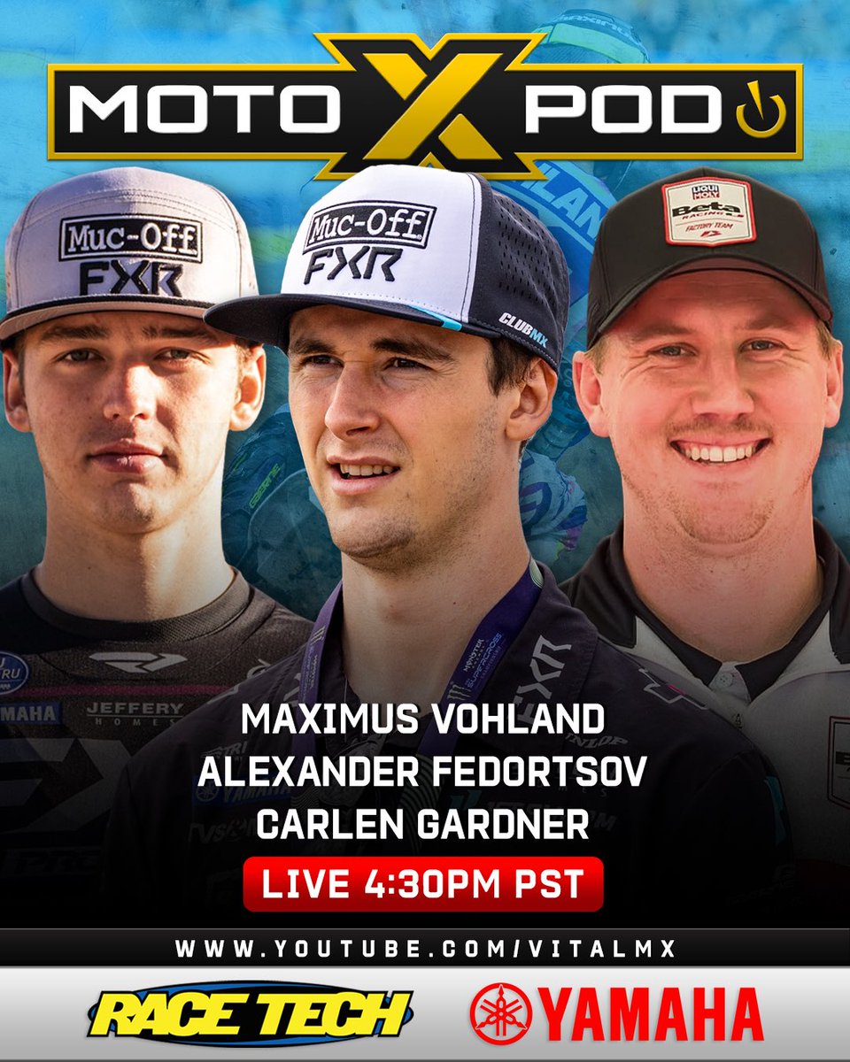 MOTOXP0D's tweet image. Tonight we have Max Vohland, Alex Fedortsov, & Carlen Gardner. live at 430Pac/730Eastern on the Vitalmx YouTube channel. Thx to @racetechsuspen @YamahaRacingcom
@xbrandgoggles @fxrmoto @guts_racing_inc @Evanscooling @proxracingparts @tboltusa @etsracingfuels
