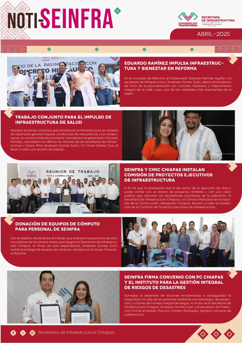 Te compartimos algunas de nuestras actividades más relevantes realizadas en los últimos días con el objetivo de impulsar el desarrollo, a través de la ejecución de infraestructura de calidad.

#SecretariaDeInfraestrutura
#planchiapasbalam
#nuevaeradelnfraestructura