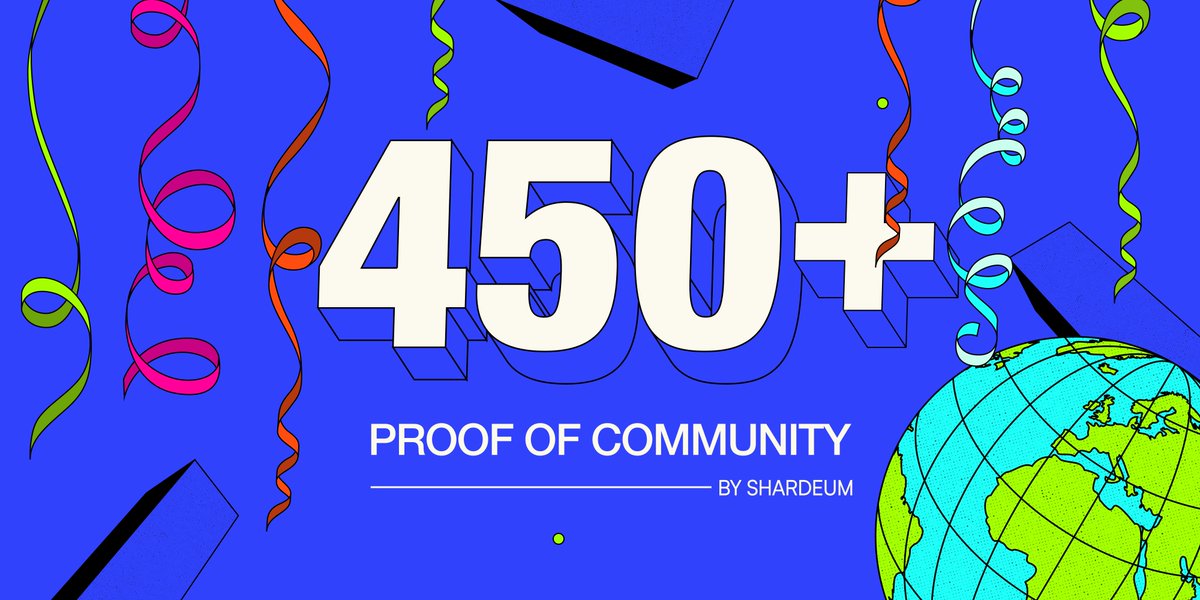 450+ #ProofOfCommunity Events 💣

A huge thanks to all Shardians who have been a part of the journey since 2022 &amp; grown it to:

💥 21 countries
💥 196 cities
💥 27K+ participants

<a href="/letsbuildweb3/">Build Web3 on Shardeum</a> together 💪