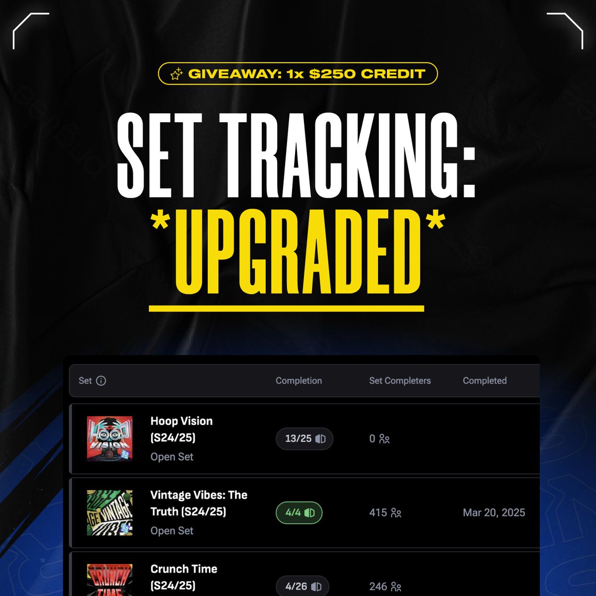 Set collecting just got a massive upgrade 🟢💪

Filter, sort, track and visualize your progress like never before. 

To celebrate, we’re giving away $250!🎉

Here’s how to enter:
1⃣ Go to your profile
2⃣ Open the Sets tab &amp; filter to Completed
3⃣ Screenshot your most recently
