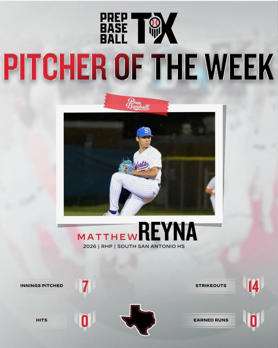 Canes Southwest (@thecanessw) on Twitter photo Big honor for 2026 RHP Matthew Reyna (<a href="/mattreyna2026/">Matthew Reyna</a>). The #uncommitted prospect, who can REALLY spin a breaking ball, threw his SECOND consecutive no-hitter and was named Pitcher of the Week by <a href="/PrepBaseball_TX/">Prep Baseball Texas</a>. #canessw Big honor for 2026 RHP Matthew Reyna (<a href="/mattreyna2026/">Matthew Reyna</a>). The #uncommitted prospect, who can REALLY spin a breaking ball, threw his SECOND consecutive no-hitter and was named Pitcher of the Week by <a href="/PrepBaseball_TX/">Prep Baseball Texas</a>. #canessw