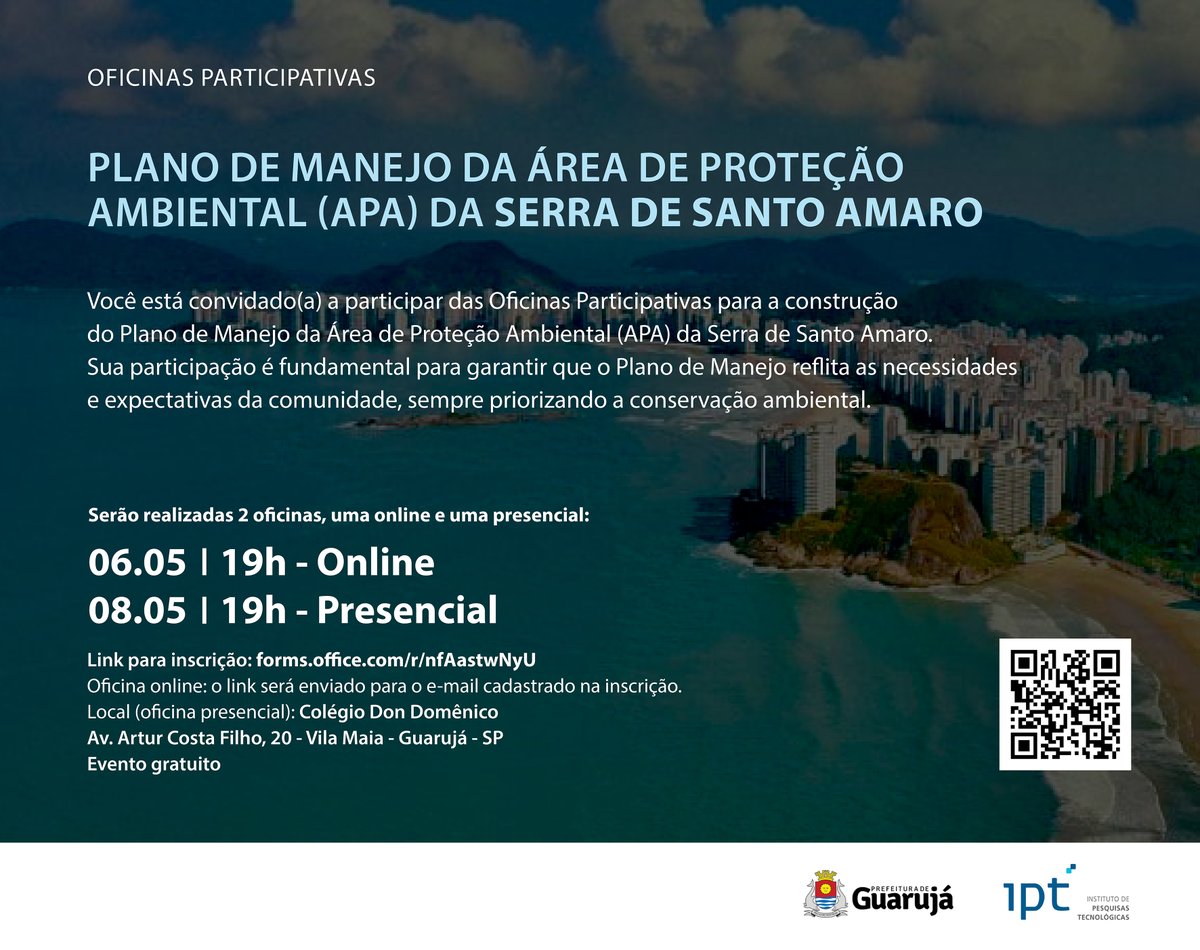 IPTSP's tweet photo. IPT está iniciando o projeto de elaboração do plano de manejo da Área de Proteção Ambiental (APA) da Serra de Santo Amaro, localizado no município de Guarujá. Inscrições para oficinas online e presencial podem ser feitas em https://t.co/D9acxf40he https://t.co/ODmyXV5cjj