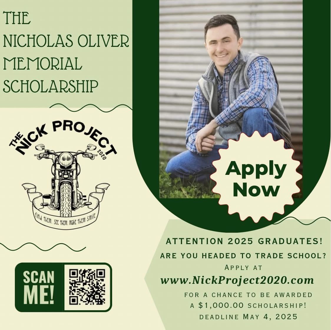 Nick Project $1,000 scholarship for seniors attending a trade school in the fall. Deadline May 4th! nickproject2020.com/scholarship-pr…