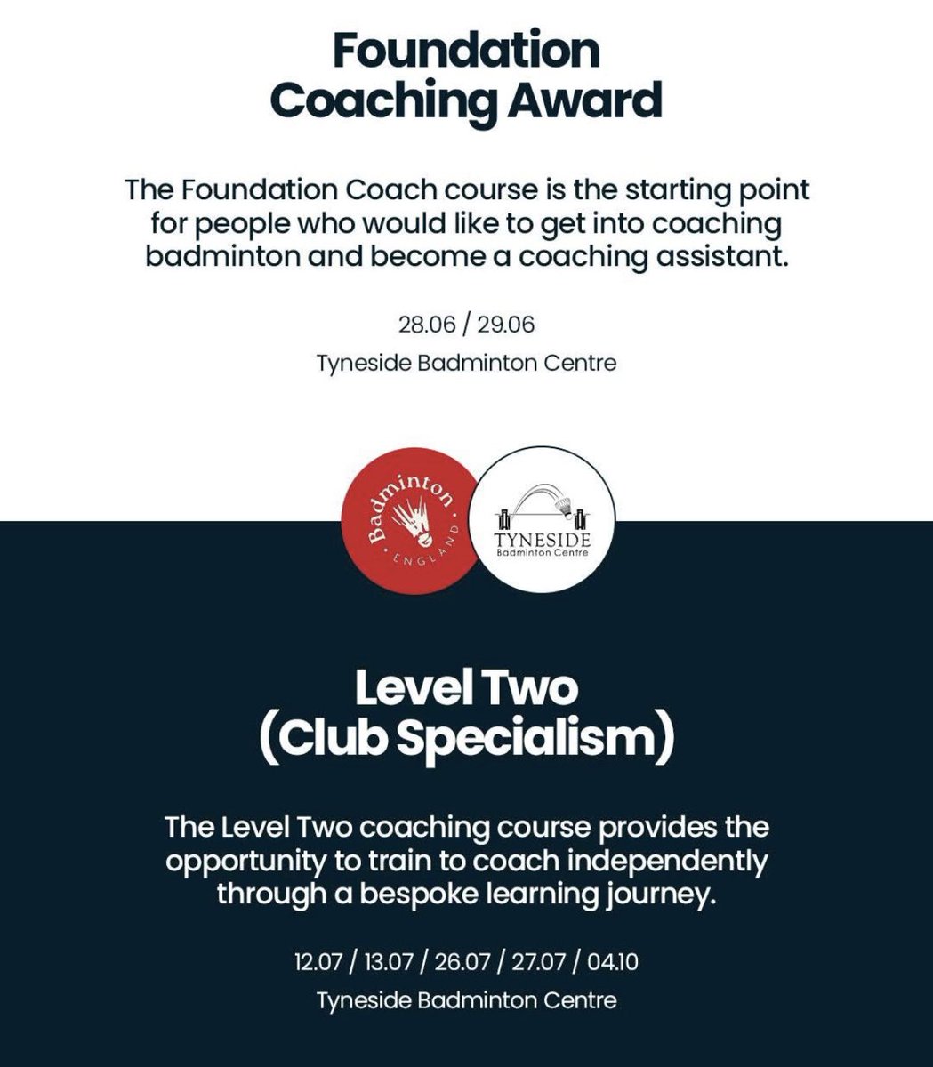 Upcoming Foundation Award &amp; Level 2 course in the North East… 🏸
1️⃣ Foundation Coaching Award
📅 28.06 / 29.06
📍 Tyneside Badminton Centre
🔗 bit.ly/42rhImB 
2️⃣ Level 2
📅 12.07 / 13.07 / 26.07 / 27.07 / 04.10
📍 Tyneside Badminton Centre
🔗 bit.ly/3GpSWe8