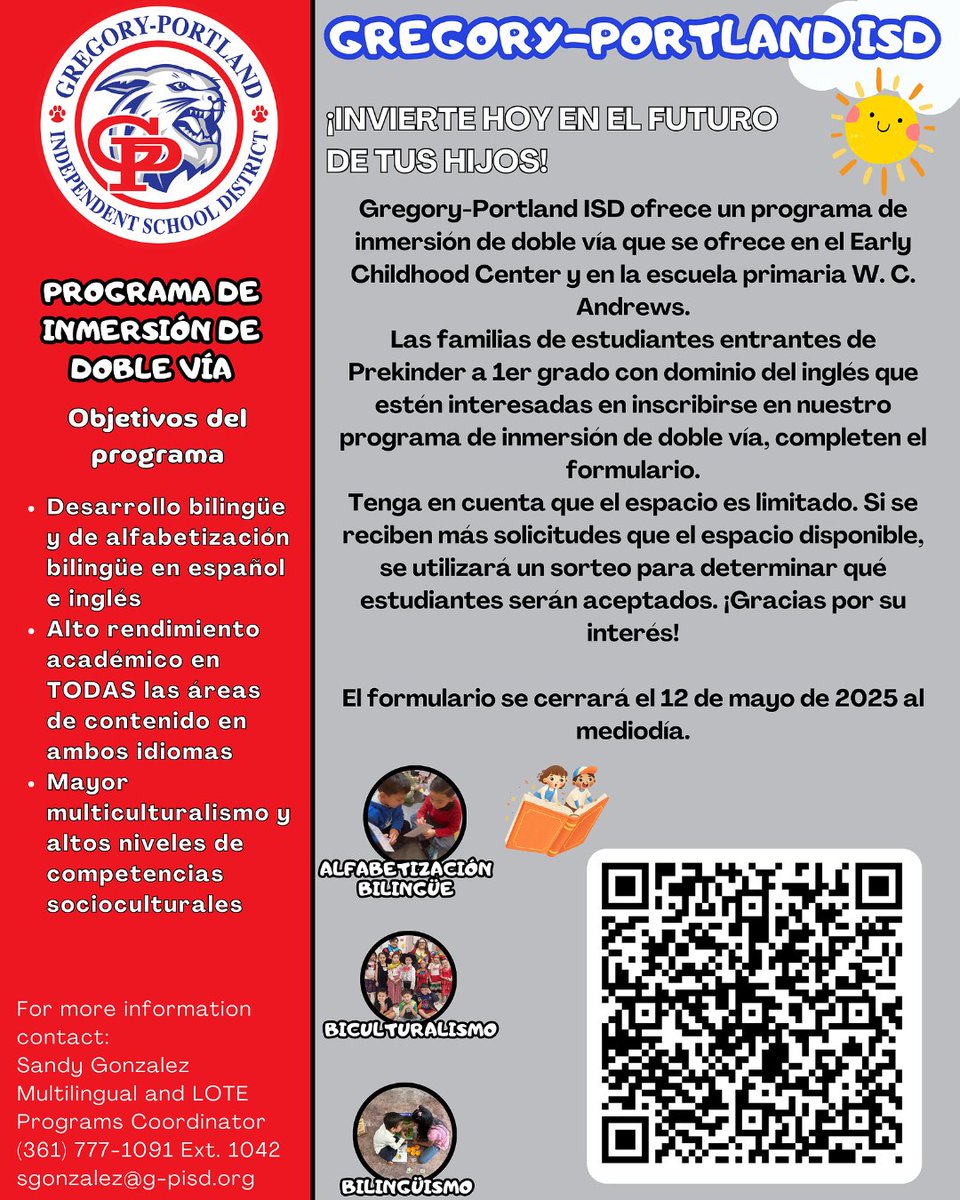 GPISD1's tweet image. ⏰ The window is closing soon! 
🎉🌎 Give your child the gift of bilingualism! Our Dual Language Program is still recruiting incoming PK-1st grade English-proficient students. 
Don't miss out — apply today!
Click the following link to get started: trst.in/wCV7O0