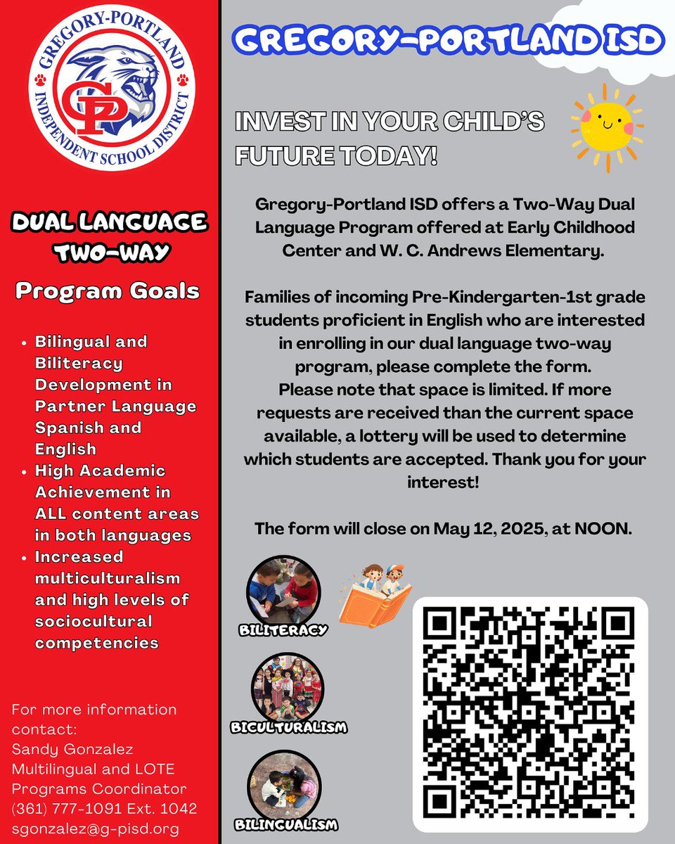 GPISD1's tweet image. ⏰ The window is closing soon! 
🎉🌎 Give your child the gift of bilingualism! Our Dual Language Program is still recruiting incoming PK-1st grade English-proficient students. 
Don't miss out — apply today!
Click the following link to get started: trst.in/wCV7O0