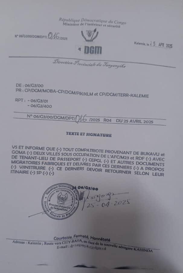 pascal_mulegwa's tweet photo. #RDC🇨🇩—— La direction générale de migrations #DGM et ses ordres. D’abord un document ordonnant de renvoyer toute personne en provenance des zones occupées par le M23/AFC puis un deuxième qui demande simplement de retirer les pièces présentées et n’admettre que ceux disposant des cartes d’électeur.