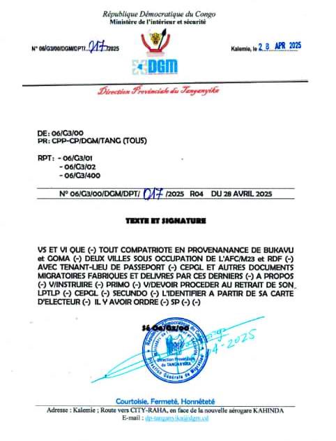 pascal_mulegwa's tweet photo. #RDC🇨🇩—— La direction générale de migrations #DGM et ses ordres. D’abord un document ordonnant de renvoyer toute personne en provenance des zones occupées par le M23/AFC puis un deuxième qui demande simplement de retirer les pièces présentées et n’admettre que ceux disposant des cartes d’électeur.