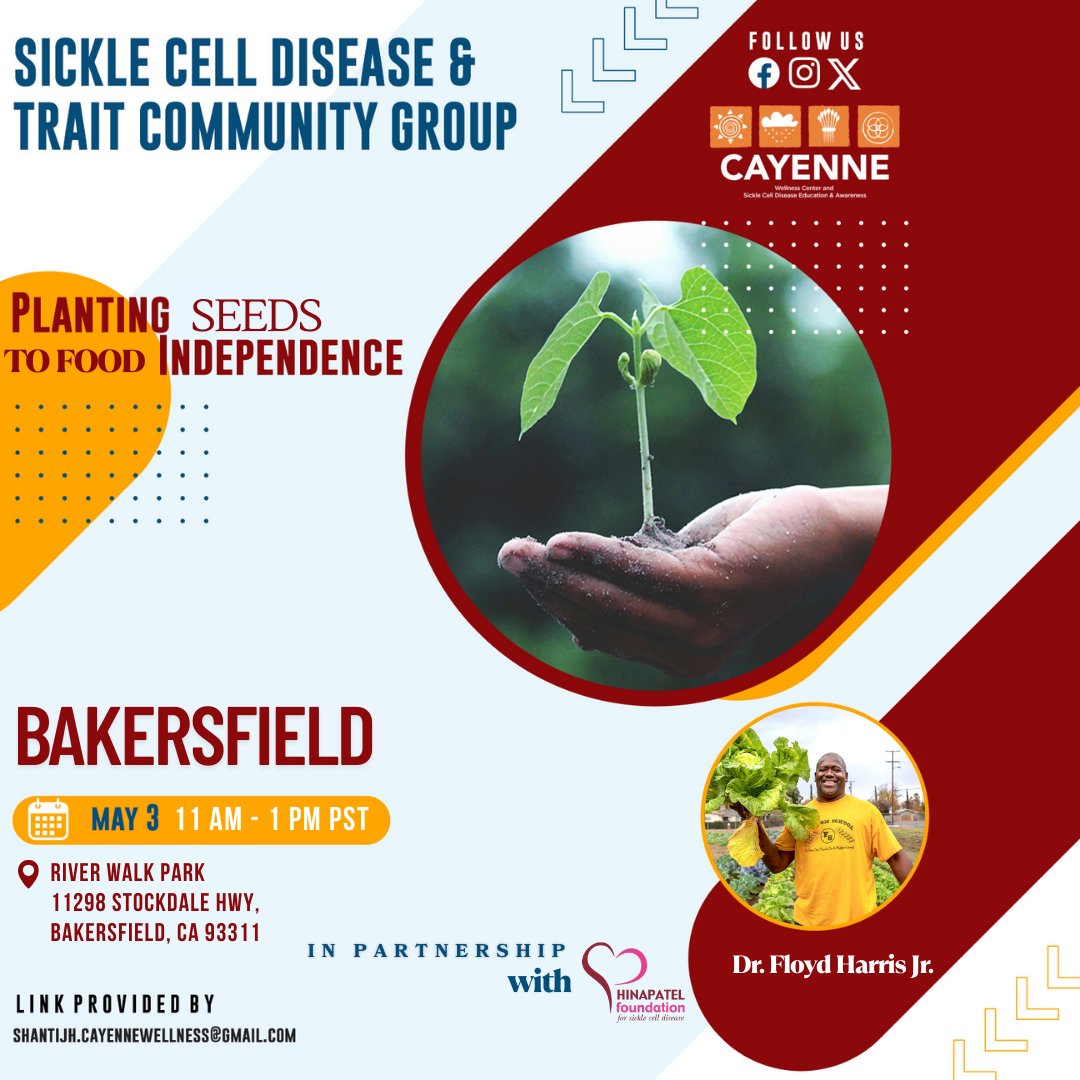 Cayenne Wellness (@cayennewellness) on Twitter photo Bakersfield! Join us May 3 at River Walk Park (11 AMโ1 PM) to plant seeds of food independence.
With Dr. Floyd Harris Jr. + <a href="/CayenneWellness/">Cayenne Wellness</a> + <a href="/hinapatelfdn/">Hina Patel Foundation for Sickle Cell Disease</a> โ building health from the ground up.
๐ง Link provided by Shanti
#SickleCellAwareness #FoodJustice #BakersfieldEvents Bakersfield! Join us May 3 at River Walk Park (11 AMโ1 PM) to plant seeds of food independence.
With Dr. Floyd Harris Jr. + <a href="/CayenneWellness/">Cayenne Wellness</a> + <a href="/hinapatelfdn/">Hina Patel Foundation for Sickle Cell Disease</a> โ building health from the ground up.
๐ง Link provided by Shanti
#SickleCellAwareness #FoodJustice #BakersfieldEvents