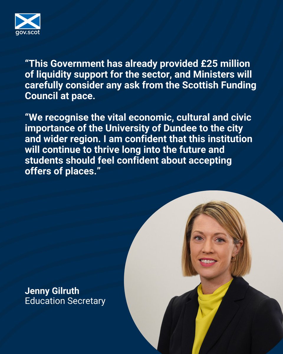 ScotGov Education (@scotgovedu) on Twitter photo Education Secretary <a href="/JennyGilruth/">Jenny Gilruth</a> has welcomed the latest recovery proposals from <a href="/dundeeuni/">University of Dundee</a> including steps to minimise job losses.
@ScotGov has provided £25 million additional support for the sector, and will carefully consider any further financial ask from <a href="/ScotFundCouncil/">Scottish Funding Council</a>. Education Secretary <a href="/JennyGilruth/">Jenny Gilruth</a> has welcomed the latest recovery proposals from <a href="/dundeeuni/">University of Dundee</a> including steps to minimise job losses.
@ScotGov has provided £25 million additional support for the sector, and will carefully consider any further financial ask from <a href="/ScotFundCouncil/">Scottish Funding Council</a>.