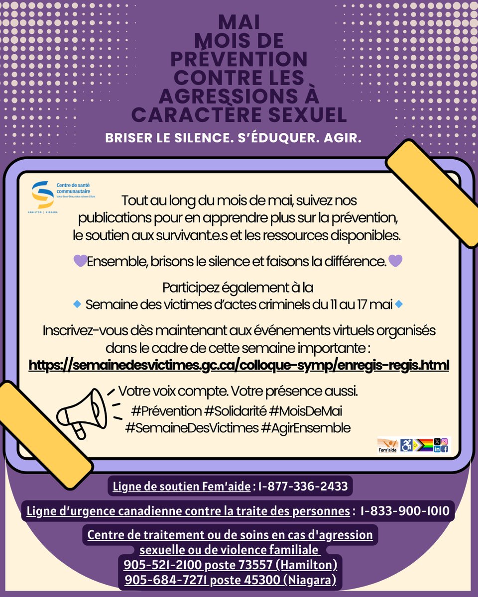 Mai est le mois de prévention contre les agressions à caractère sexuel.
Tout au long du mois, suivez nos publications pour en apprendre plus sur la prévention, le soutien aux survivant.e.s et les ressources disponibles.
Ensemble, brisons le silence et faisons la différence.
