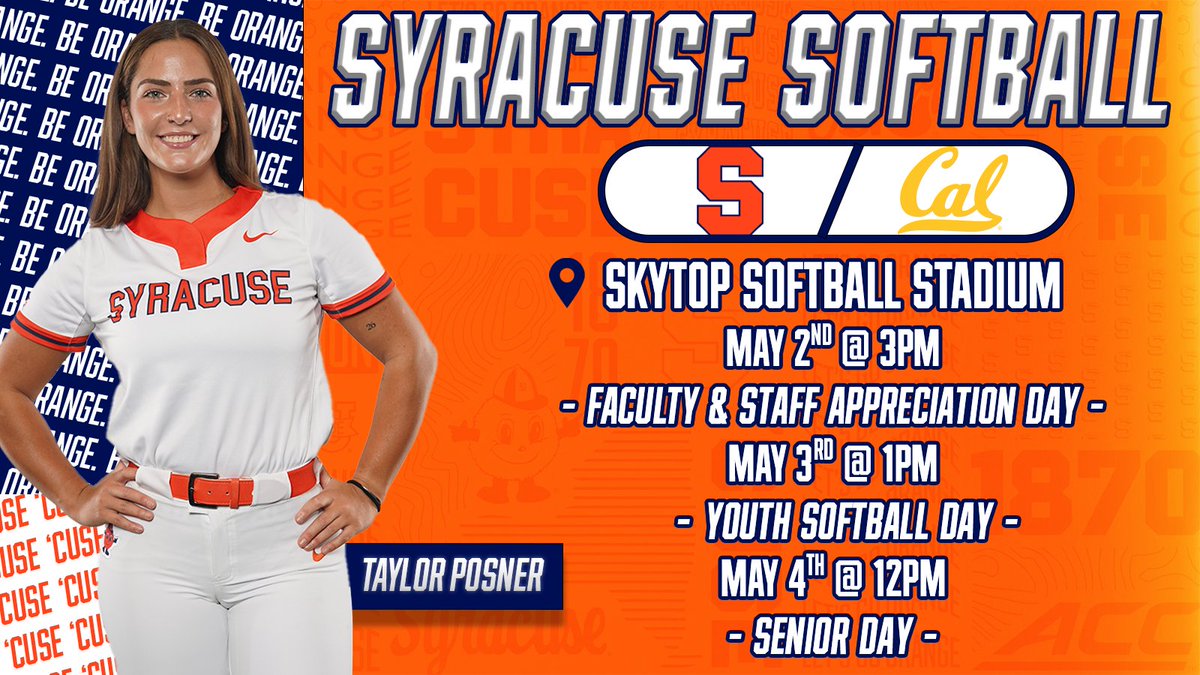 'Cuse Promos (@cusepromos) on Twitter photo Cheer on <a href="/CuseSB/">Syracuse Softball</a> this weekend as they host California for their final regular season home series! ๐ฅ
Celebrate our seniors postgame on Sunday! ๐๐ Cheer on <a href="/CuseSB/">Syracuse Softball</a> this weekend as they host California for their final regular season home series! ๐ฅ
Celebrate our seniors postgame on Sunday! ๐๐