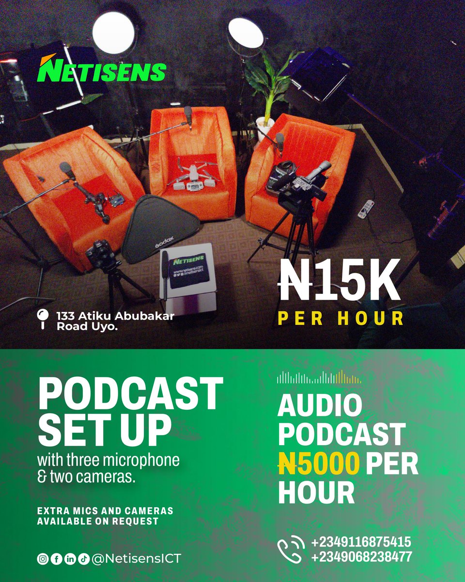 netisensict's tweet photo. Affordable, professional and ready when you are.
Our podcast studio in Uyo offers the perfect space to record your next episode.
Book a session with us and get started.
#netisens #netisensict #techhubinuyo #emoney #avocado #ambode https://t.co/s1GBqdzEIL