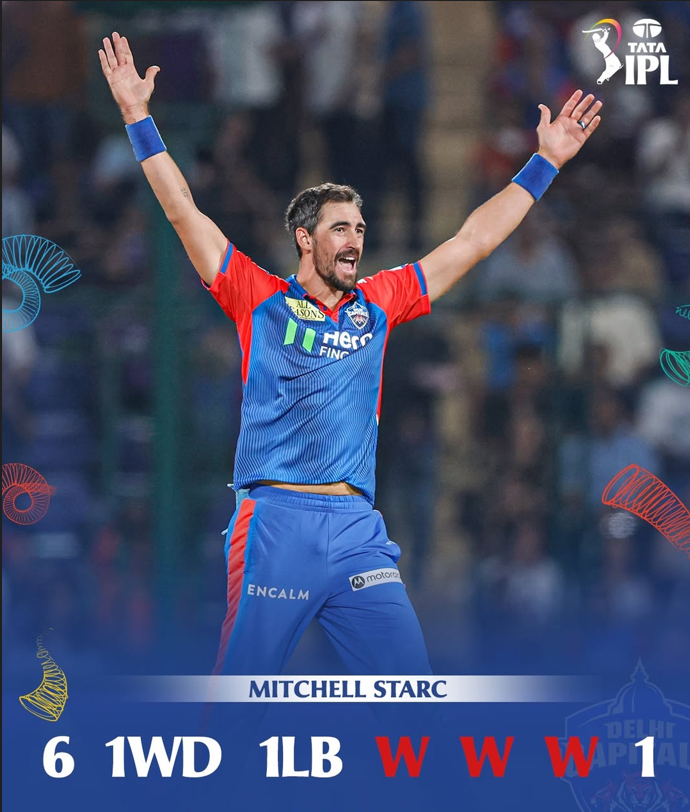official_CWN's tweet photo. Mitchell Starc at the final over 
#ipl2025 #dcvskkr #cricketwalanews https://t.co/t2Ev7HT74t