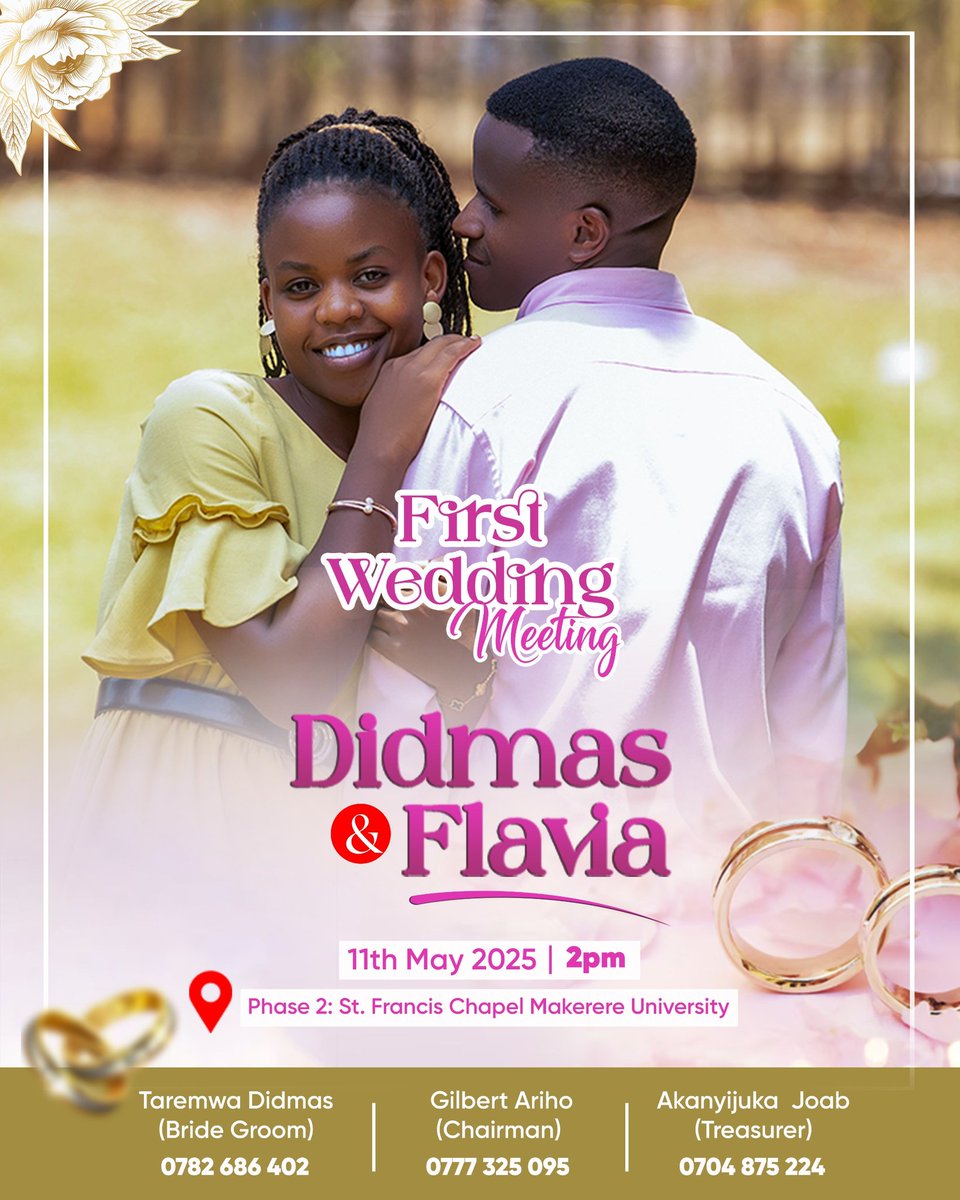 You are Cordially invited to our first wedding meeting on 11th May 2025 at Phase 2 St.Francis Chapel Makerere University.<a href="/FlaviaNiwagaba/">Flavia Niwagaba</a>