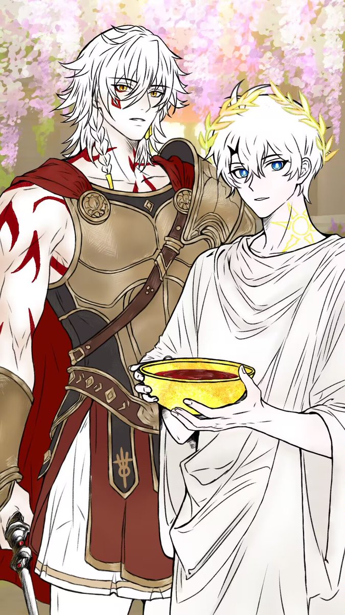 #myphai #敌厄 
对不起！这张图的完成度很低😭😭🙏，我的灵感和手感都消失了，继续画这张图对我来说太折磨了😢😢，所以我选择潦草的结尾，然后结束，可能会有点影响观感，对不起😢😢😢🙏
设定是战神万敌×酒神白厄，🍷☀️向