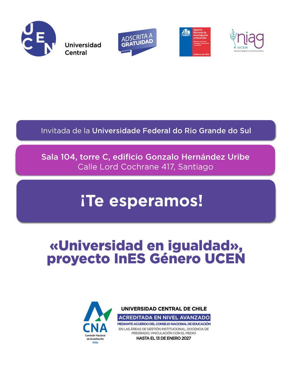 Dr Paz Concha (@pazc) on Twitter photo Invitación al seminario de cierre de nuestro Núcleo de Investigación en Autonomías de Género de la <a href="/ucentral_cl/">Universidad Central de Chile</a> con la académica Iana Gomes de Lima quien presentará "Control de los cuerpos femeninos en las escuelas en tiempos de conservadurismo". Más detalles en el póster Invitación al seminario de cierre de nuestro Núcleo de Investigación en Autonomías de Género de la <a href="/ucentral_cl/">Universidad Central de Chile</a> con la académica Iana Gomes de Lima quien presentará "Control de los cuerpos femeninos en las escuelas en tiempos de conservadurismo". Más detalles en el póster