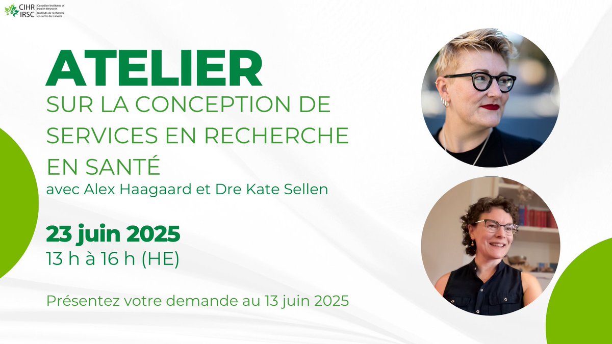 Atelier sur la conception de la recherche sur les services de santé !
Date limite de présentation des demandes : 13 juin 2025
Date de l’atelier : 23 juin 2025 
En savoir plus : cihr-irsc.gc.ca/e/54276.html