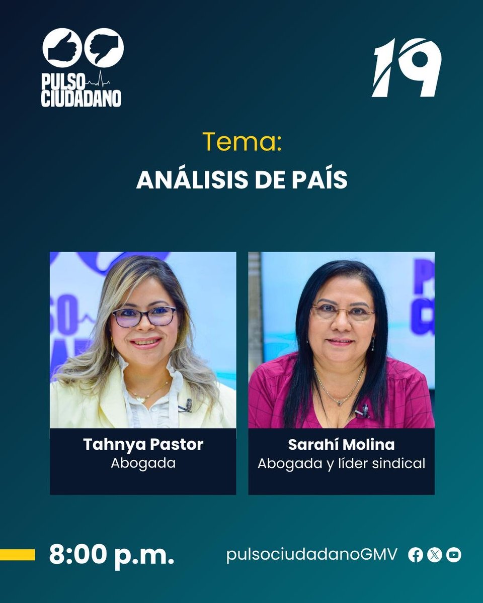 PulsoCiudadanos's tweet photo. #PulsoCiudadano | Esta noche analizamos la situación política del país con las abogadas @TahnyaPastor y @sarahimolina11.
      
Los esperamos a las 8:00 p.m. por Canal 19 y en todas nuestras plataformas digitales. https://t.co/2QOLsqyqAP