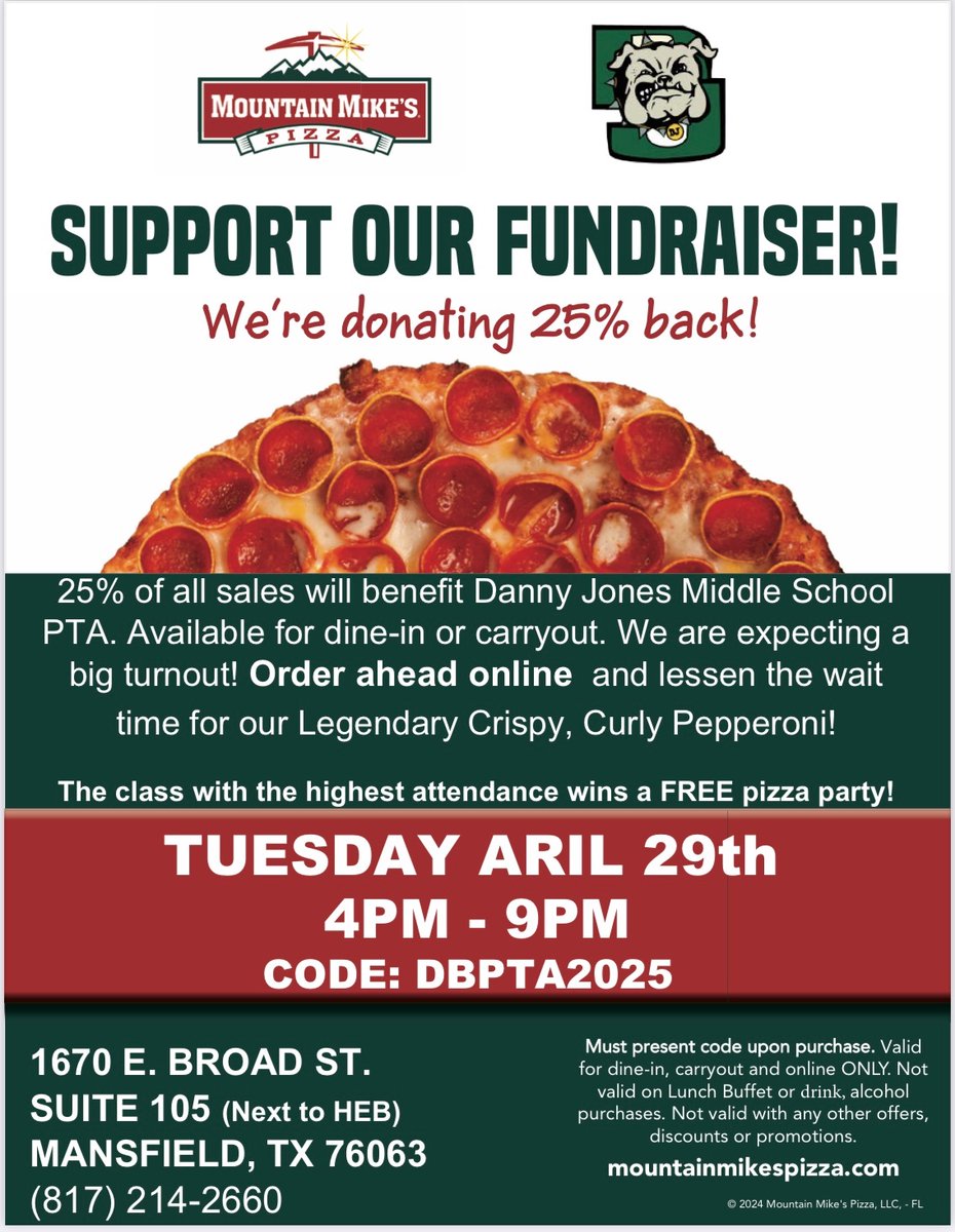 Don’t forget Spirit Night!!  
***TUESDAY April 29th***
25% goes to the school.