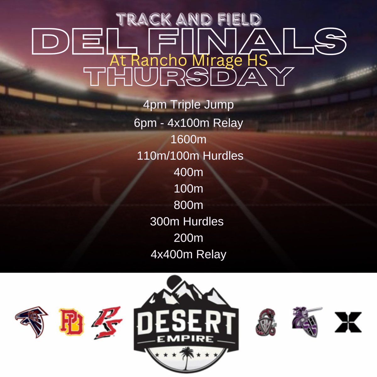 ShadowTrackXC Coach (@coachdetamble) on Twitter photo Track and field Desert Empire League finals start today!
All results can be found at DesertTiming.com
<a href="/DesertSunSports/">Desert Sun Sports</a> <a href="/shad_powers/">Shad Powers</a> <a href="/BlakeArthur24/">Blake Arthur</a> <a href="/KenjiitoKESQ/">Kenji Ito</a> <a href="/timobrientv/">Tim O’Brien</a> Track and field Desert Empire League finals start today!
All results can be found at DesertTiming.com
<a href="/DesertSunSports/">Desert Sun Sports</a> <a href="/shad_powers/">Shad Powers</a> <a href="/BlakeArthur24/">Blake Arthur</a> <a href="/KenjiitoKESQ/">Kenji Ito</a> <a href="/timobrientv/">Tim O’Brien</a>