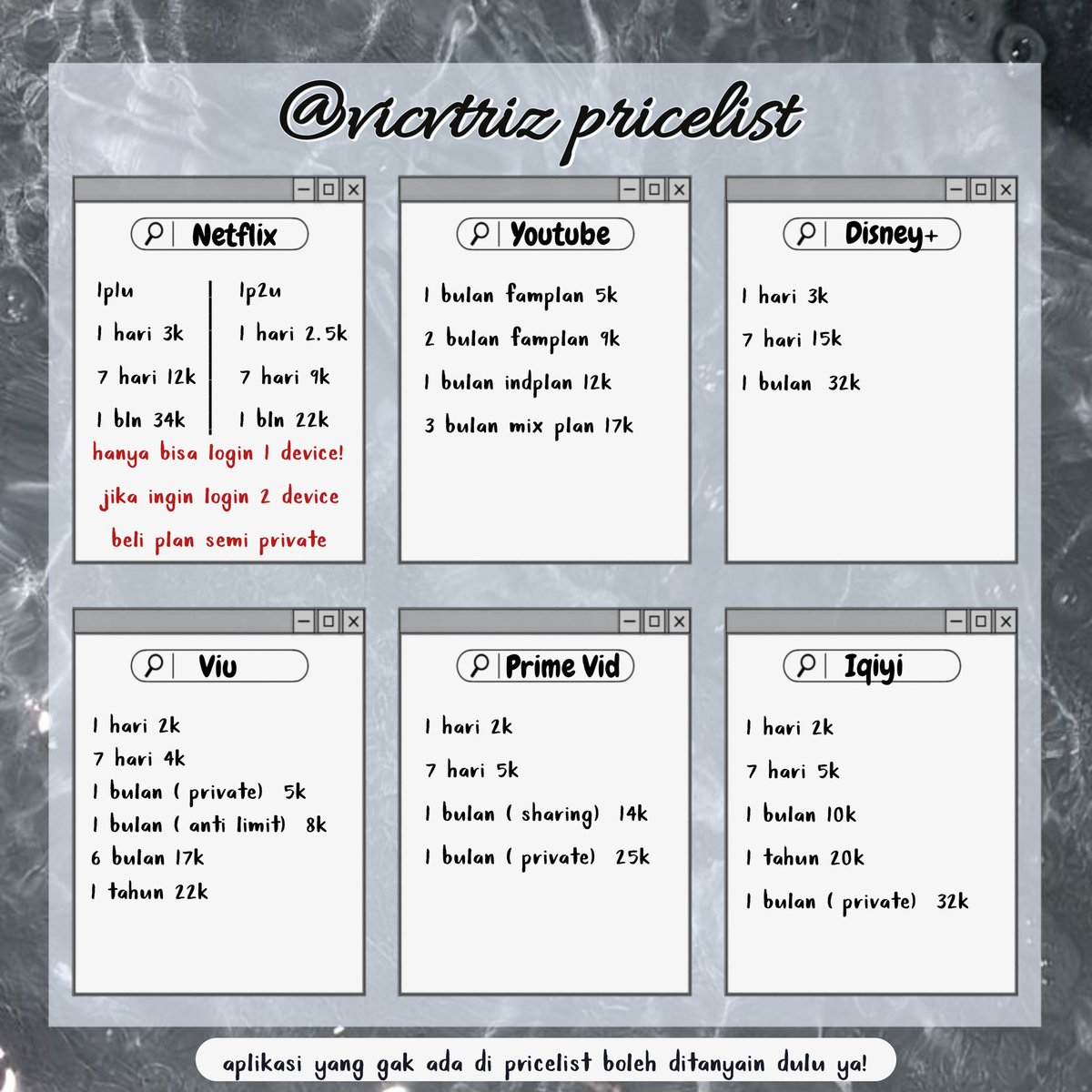 IntfinityStore's tweet image. 💫 intfinity store premium app price list 💫

mention after dm or whatsapp in bio for fast response! feel free to ask me anything ya 🫶

accept payment via all e-wallet indonesia ✨

tags #zonaba #zonauang app prem