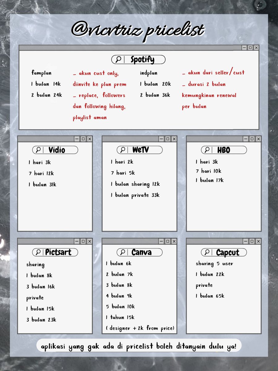 IntfinityStore's tweet image. 💫 intfinity store premium app price list 💫

mention after dm or whatsapp in bio for fast response! feel free to ask me anything ya 🫶

accept payment via all e-wallet indonesia ✨

tags #zonaba #zonauang app prem