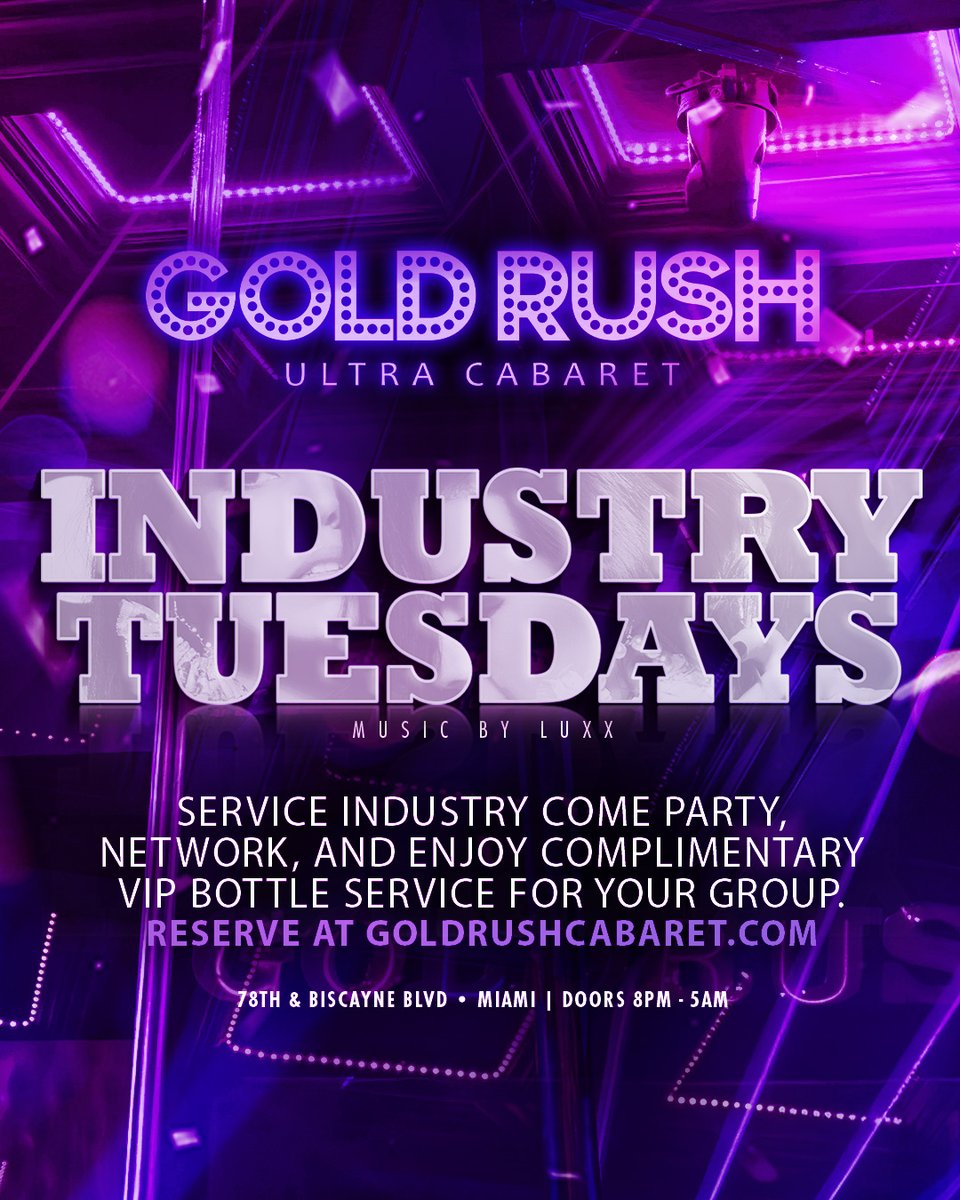 Industry pros get a comp bottle on us for Industry Tuesdays. Just reserve with us tonight @ GoldRushCabaret.com and come thirsty 💋
