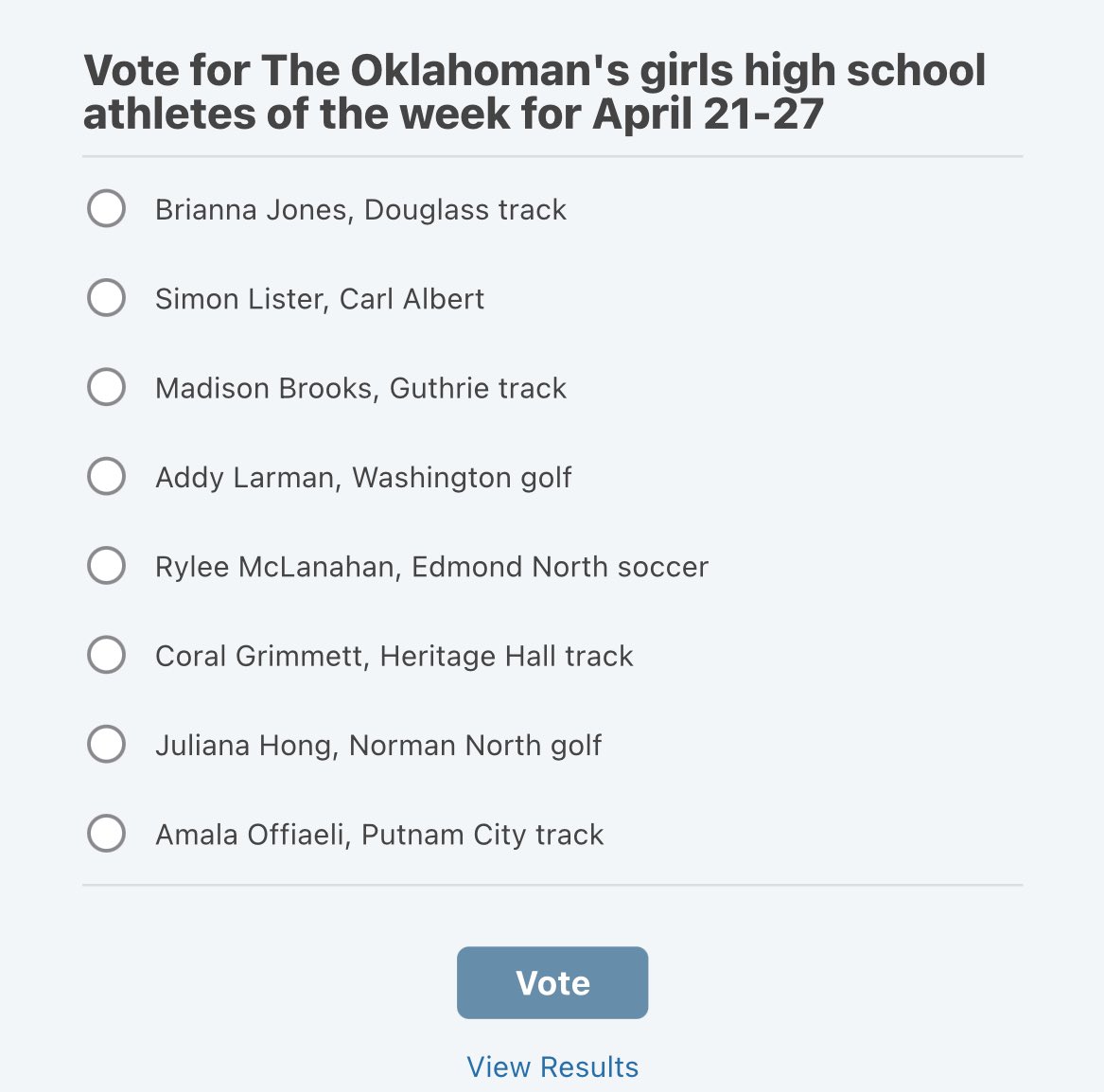 Voting for The Oklahoman's #OKPreps high school girls player of the week poll presented by Landmark Fine Homes is now open for April 21-27. 

Fans can vote until noon Saturday: oklahoman.com/story/sports/h…