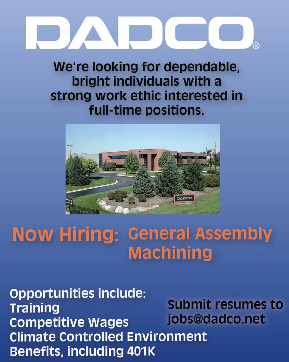 DADCOproducts's tweet photo. DADCO is hiring smart, energetic individuals with a strong work ethic. Email your resume to jobs@dadco.net https://t.co/IgG6Mm2kX9