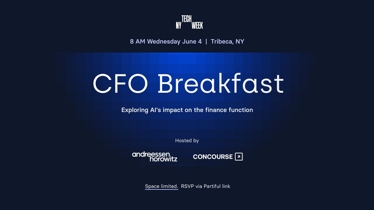 Excited to be co-hosting a CFO breakfast with <a href="/a16z/">a16z</a>  during NY Tech Week on Wednesday, June 4th

This breakfast is specifically tailored for CFOs who are curious to learn more about leveraging AI within their function and department

We'll be hearing from CFOs who have already