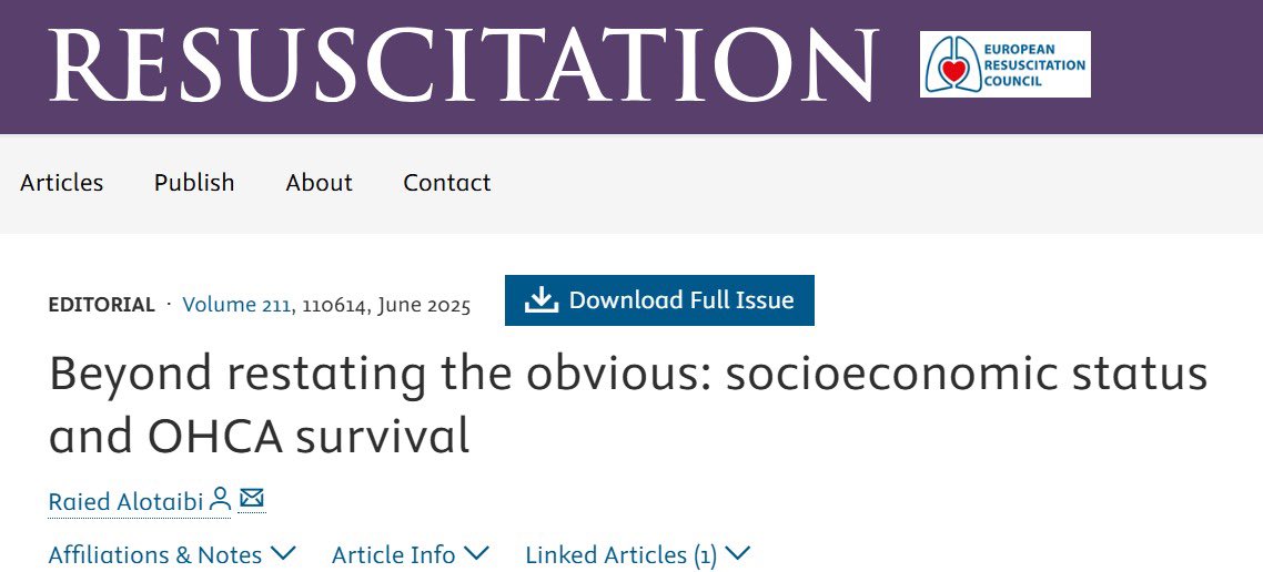 🚨 My new editorial, Beyond Restating the Obvious: Socioeconomic Status and OHCA Survival, is now published in <a href="/ResusJournal/">Resuscitation</a> 
It’s open access—read it here:

authors.elsevier.com/a/1k-ya14RWGVI…

Share your thoughts!

#Resuscitation 🚑