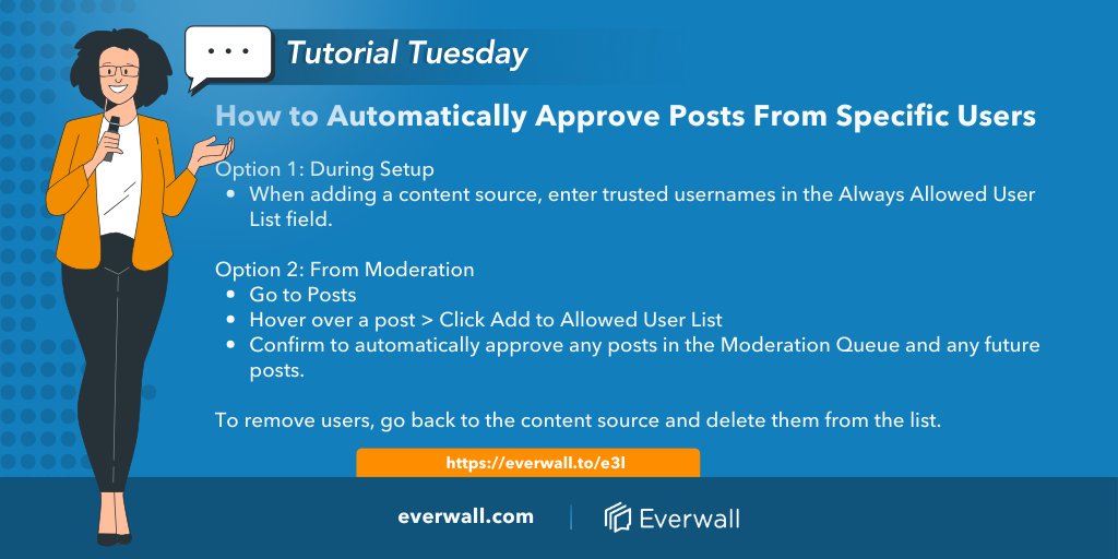 everwall's tweet image. Here’s how to auto-approve posts from trusted users on your Everwall social wall.
#TuesdayTutorial #ContentModeration #EventTips