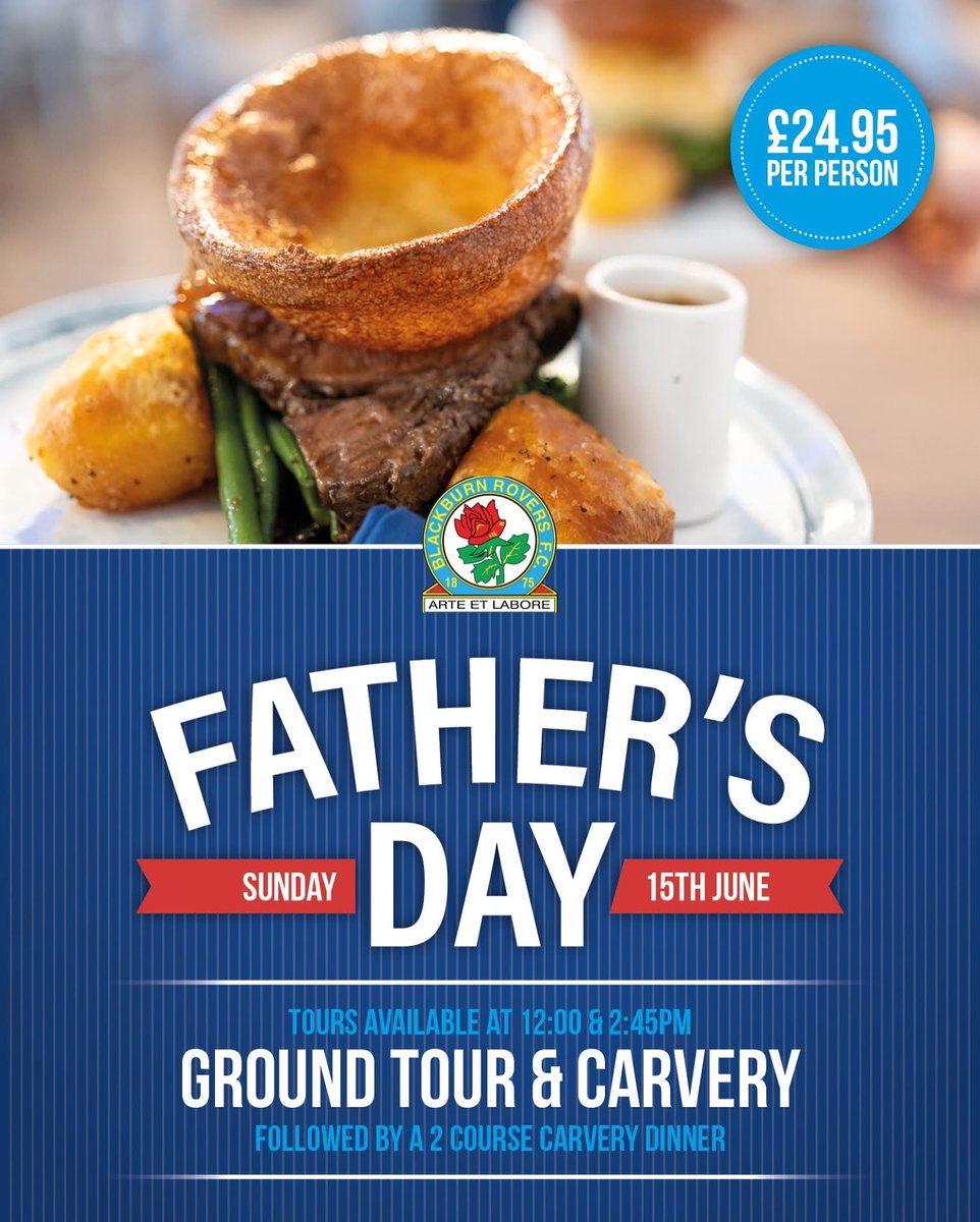 Father’s Day is coming! 👔

Treat Dad to a 2-course carvery + Ewood Park tour ⚽
Tours at 12pm &amp; 2:45pm <a href="/Rovers/">Blackburn Rovers</a> 
Adults £24.95 | Kids £9.95

Book now: ewoodexperience@sodexo.com or call 01254 222250
Or click the link: bit.ly/3Gqmbx9

#FathersDay #EwoodPark