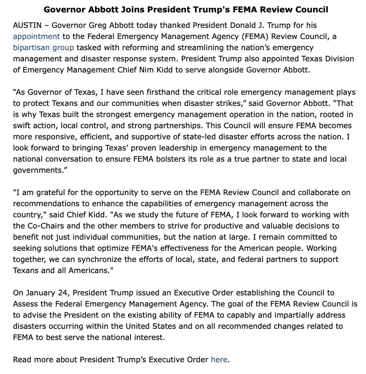 Greg Abbott (@gregabbott_tx) on Twitter photo Thank you President <a href="/realDonaldTrump/">Donald J. Trump</a> for appointing me to the @FEMA Review Council.
As Governor of Texas, I’ve seen firsthand the critical role emergency management plays when disaster strikes.
I look forward to bringing Texas’ proven leadership to the national conversation. Thank you President <a href="/realDonaldTrump/">Donald J. Trump</a> for appointing me to the @FEMA Review Council.
As Governor of Texas, I’ve seen firsthand the critical role emergency management plays when disaster strikes.
I look forward to bringing Texas’ proven leadership to the national conversation.
