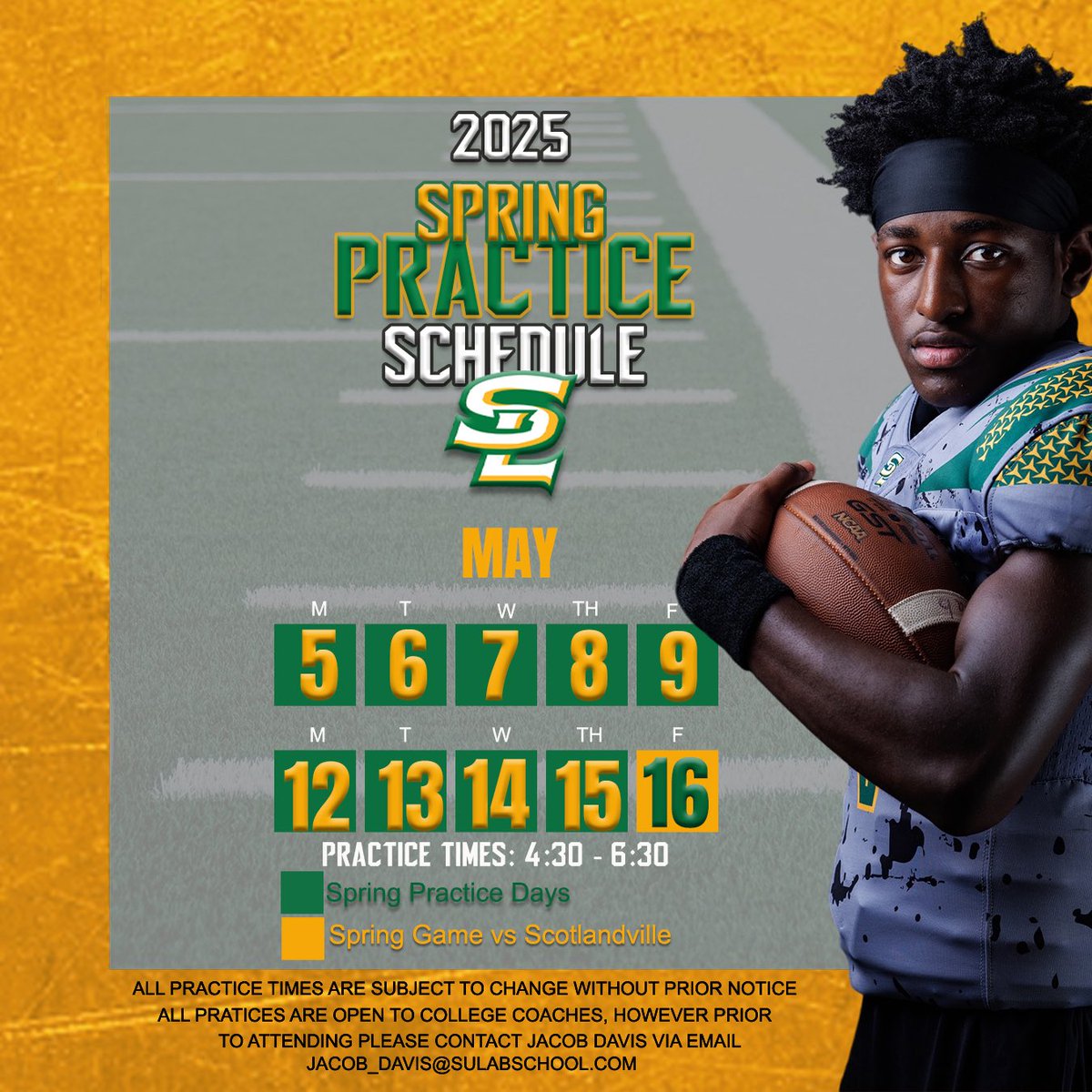 Southern Lab Football 2025 Spring Schedule

Spring Game Details
🗓️Friday, May 16, 2025
🆚 Scotlandville 
⏱️6:00 PM
📍Scotlandville Magnet High School

#TheFewTheProud #TheLab #SettingTheStandard