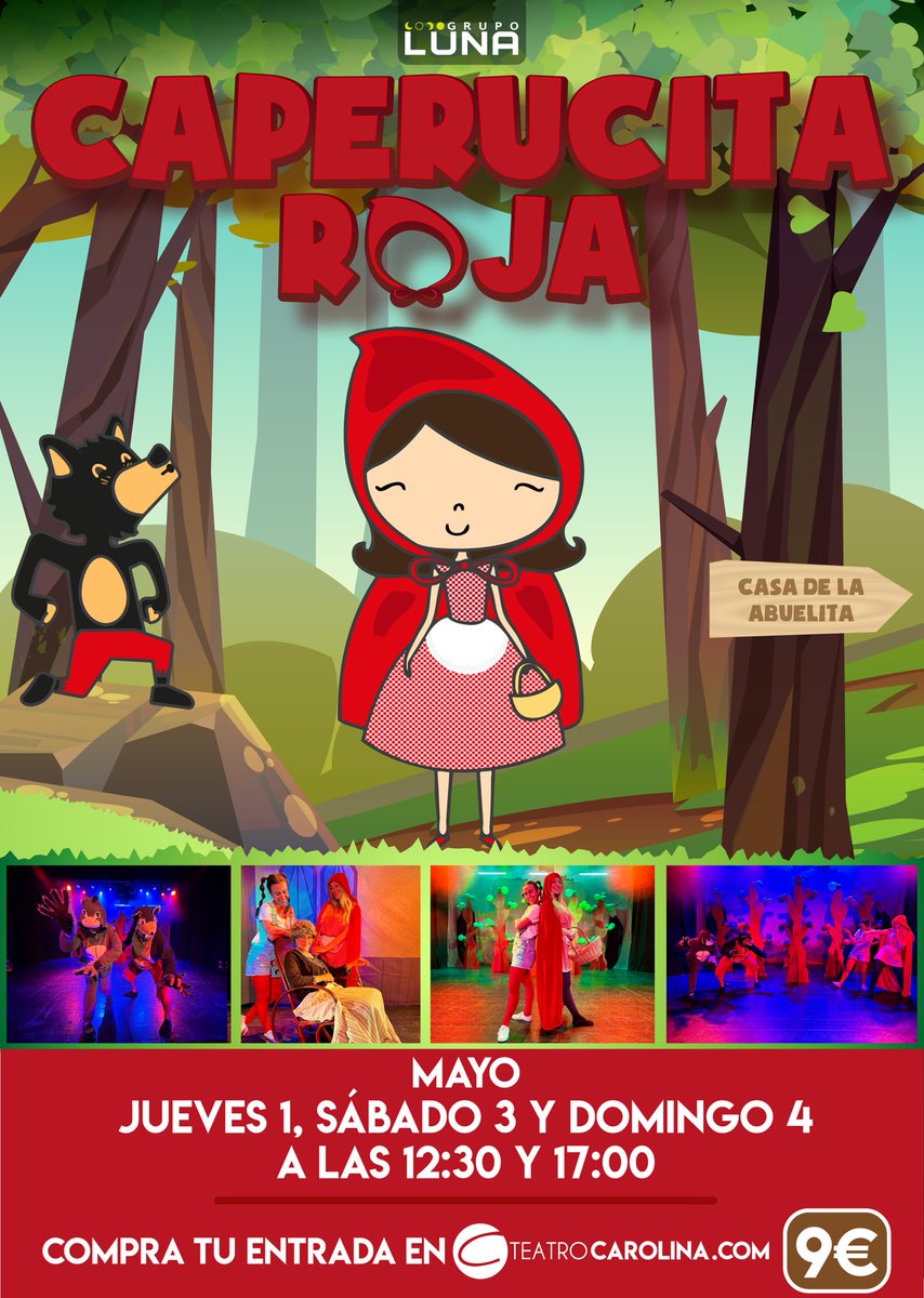 La famosa historia de Caperucita Roja ahora contada en formato teatro musical.

📆Jueves 1, Sábado y Domingo 4 de Mayo a las 12:30 y 17:00
🏠Teatro Carolina
💶9€
🎫teatrocarolina.com/caperucita-roj…

#planesenfamilia #familia #teatro #valencia #caperucitaroja #teatromusical #actor #actriz