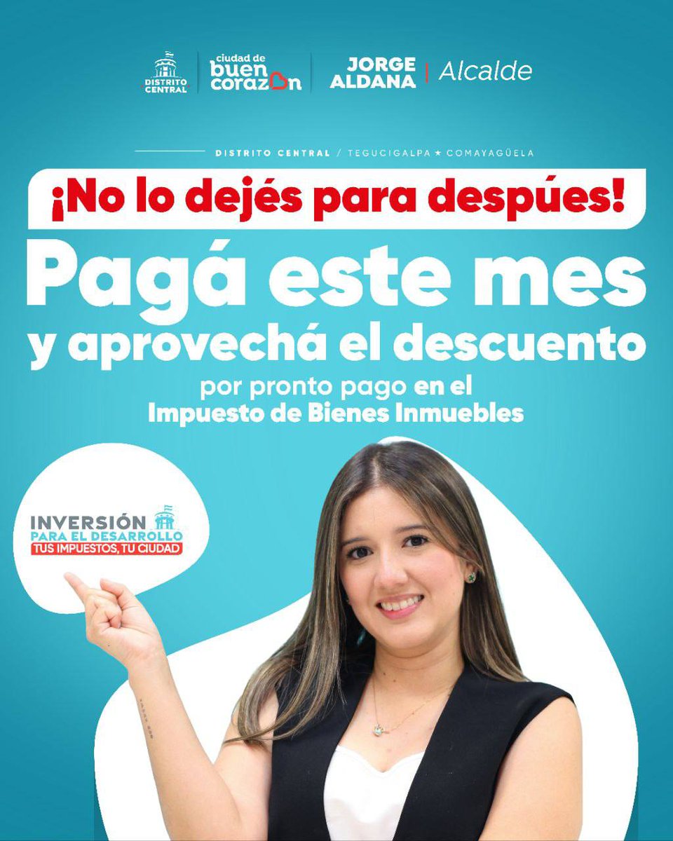 AlcaldiaDCHN's tweet photo. ¡Solo quedan dos días!
Capitalino, no dejés terminar abril sin aprovechar el descuento de Pronto Pago en el Impuesto de Bienes Inmuebles.💸
¡Recordá que solo en abril tendrás este beneficio!🗓✍️
#amdc
#impuesto
#bienesinmuebles
#prontopago https://t.co/qfO0dFgbK2