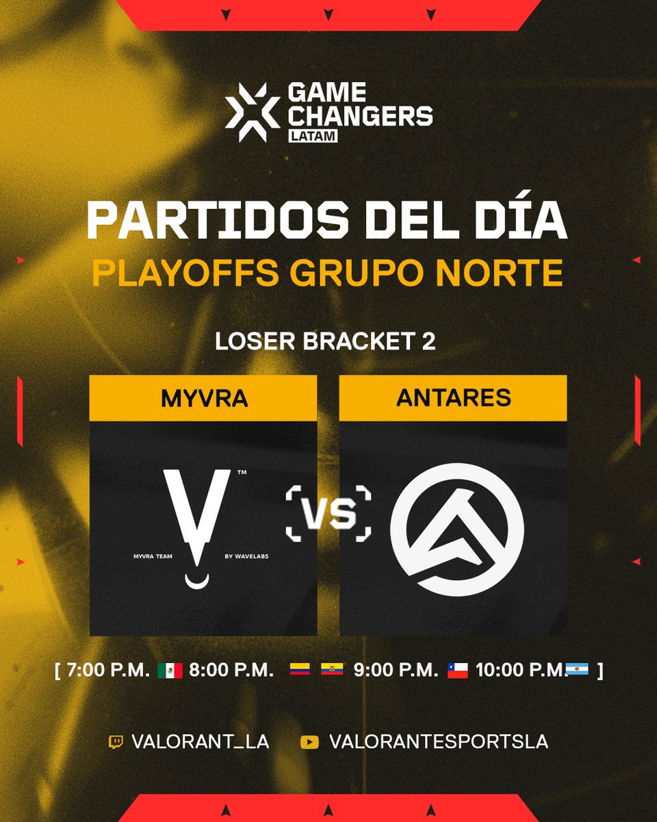 VALORANT Esports LATAM (@valesportsla) on Twitter photo 🔥 ¡Llegó el momento de la verdad en el #VCTGameChangers!
Solo una escuadra por grupo avanzará a la final.
💥 <a href="/UniversityWarG/">University War</a>  vs <a href="/LeviatanGG/">LEVIATAN</a>  – Grupo Sur
🕖 7:00 P.M. 🇦🇷
💥 <a href="/Myvraesports/">MYVRA by WaveLabs</a>  vs <a href="/AntaresValorant/">Antares</a>  – Grupo Norte
🕖 7:00 P.M. 🇲🇽 🔥 ¡Llegó el momento de la verdad en el #VCTGameChangers!
Solo una escuadra por grupo avanzará a la final.
💥 <a href="/UniversityWarG/">University War</a>  vs <a href="/LeviatanGG/">LEVIATAN</a>  – Grupo Sur
🕖 7:00 P.M. 🇦🇷
💥 <a href="/Myvraesports/">MYVRA by WaveLabs</a>  vs <a href="/AntaresValorant/">Antares</a>  – Grupo Norte
🕖 7:00 P.M. 🇲🇽