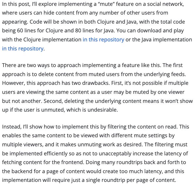 Published "Next-level backends with Rama: personalized content moderation in 60 LOC"

This is a detailed line by line tutorial on using Rama for both Clojure and Java to implement a high-performance mute/unmute feature on a social network.

Link in replies.